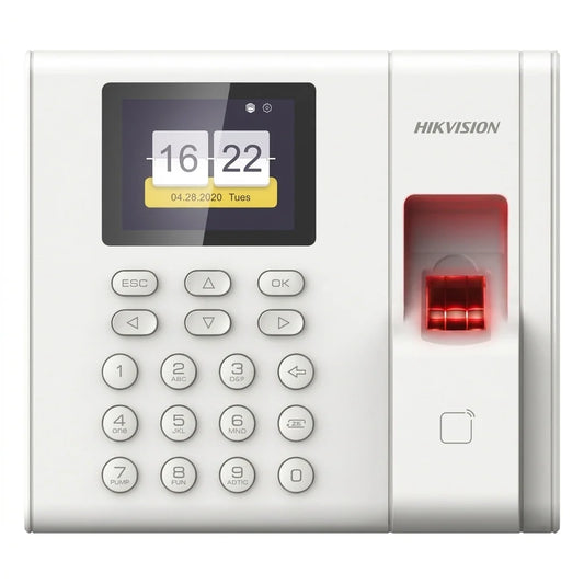 Hikvision DS-K1A8503MF-B — واجهة الجهاز بشاشة لونية وقارئ بصمة